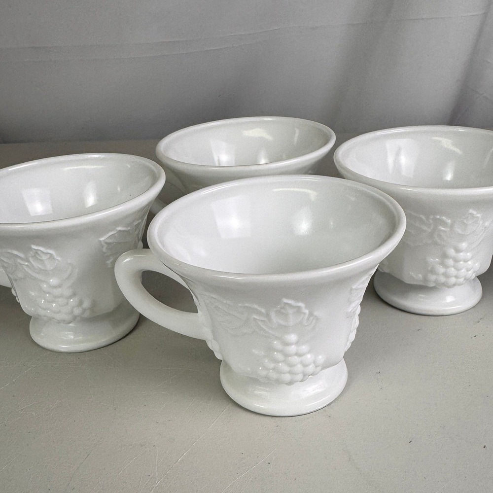 Westmoreland Milk Glass Paneled Grape Punch Cups Set of 4 White Footed Vintage‎